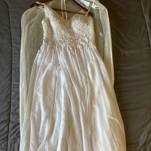White A-Line V-Neck Floor Length Wedding Dress with Beading Split Front.